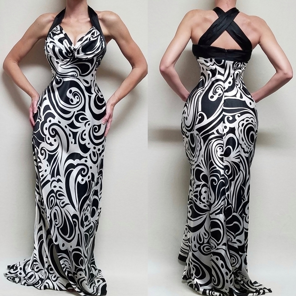 VINTAGE 80s Ignite Evenings Black Swirl Racerback Sweetheart Hi-low Maxi Dress